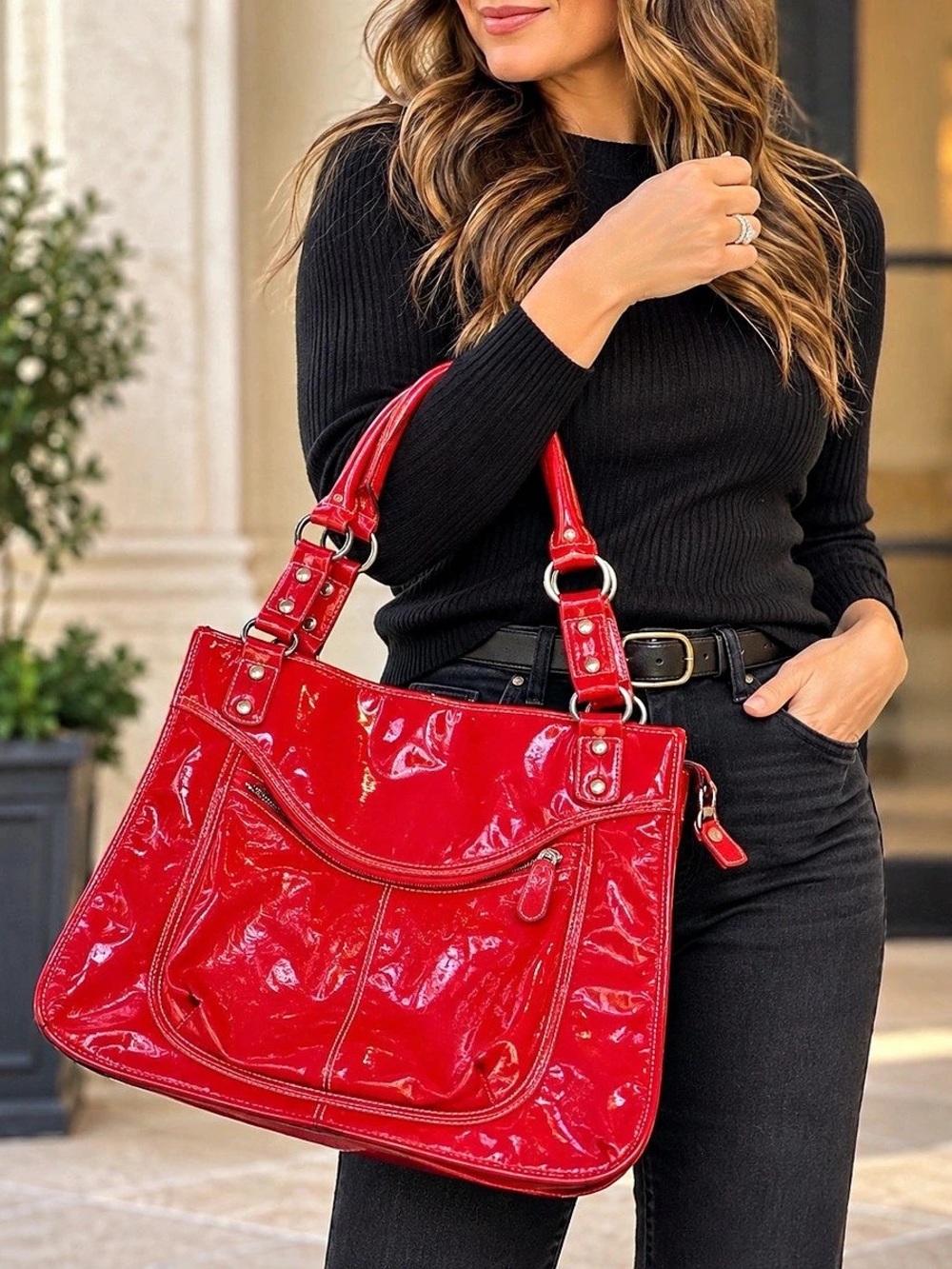 Mary Kay Red Genuine Leather Patent Tote Handbag Y2K Statement Bag